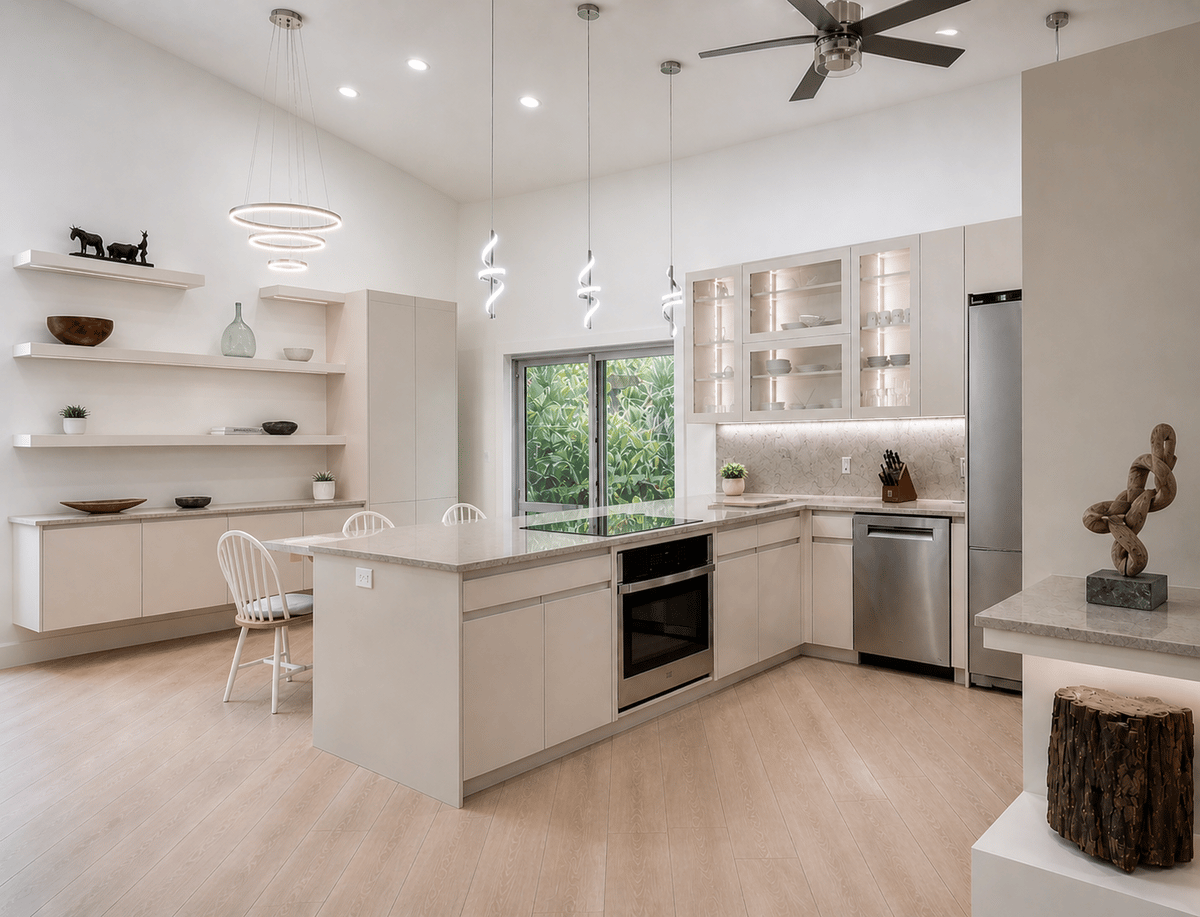 Modern white kitchen with waterfall island and floating shelves