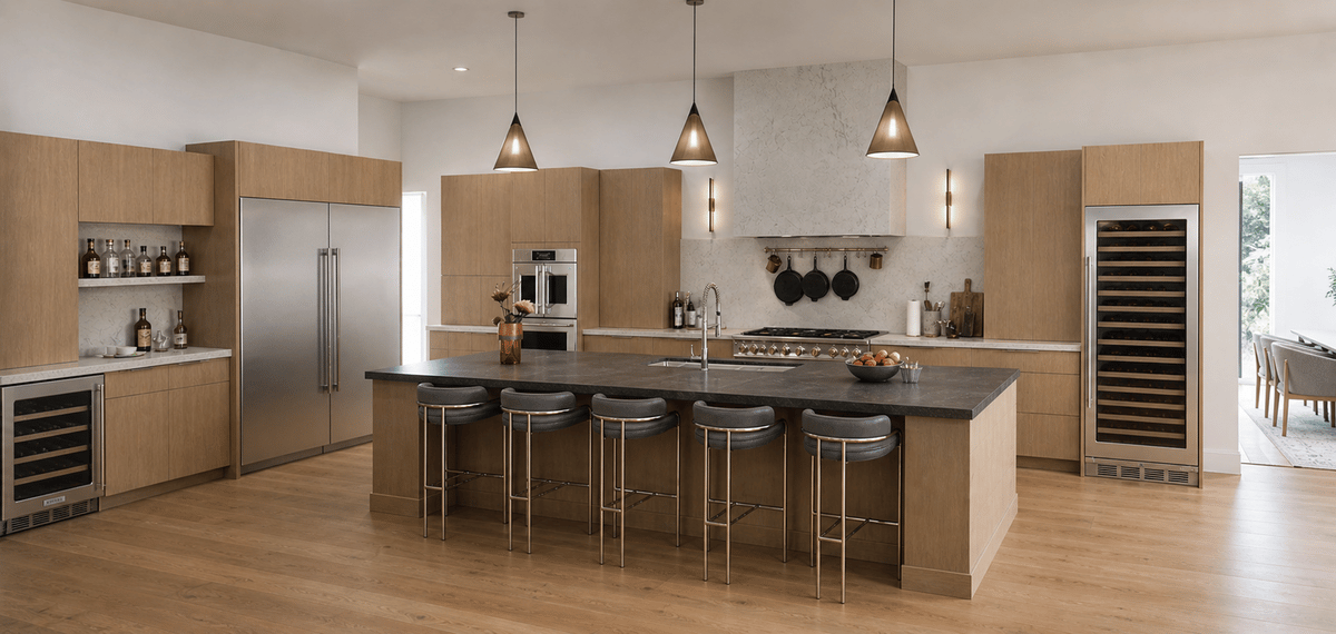 Custom white oak kitchen cabinetry with waterfall island
